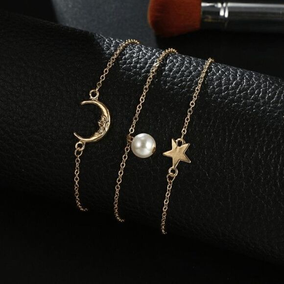 Bohemian Moon Star Pearl Gold Anklet - 3 piece - Picture 2 of 10